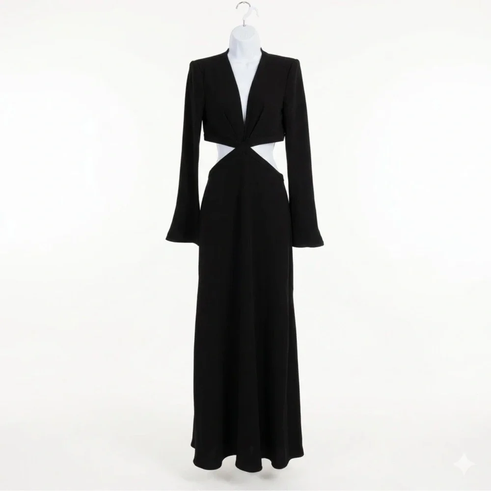 alc black maxi dress A.L.C. | Dresses | Issa Cutout Evening Gown Size 4 Long Flare Sleeve Vneck Black Strapless Jumpsuit | asymmetrical silhouette skims the Q2a Color:Black and Dark Navy